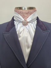 Load image into Gallery viewer, ERA Elle Pre-tied White Satin Stock Tie Plastron - Dusky Rose Lace & Brooch - 3 options