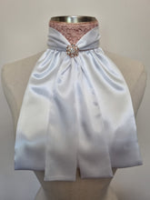 Load image into Gallery viewer, ERA Elle Pre-tied White Satin Stock Tie Plastron - Dusky Rose Lace & Brooch - 3 options