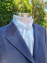 Load image into Gallery viewer, ERA Elle Pre-tied White Satin Stock Tie Plastron - Dusky Rose Lace & Brooch - 3 options