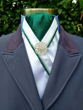 Load image into Gallery viewer, ERA RACHAEL STOCK TIE - White satin, Forest green, green & metallic silver piping & brooch