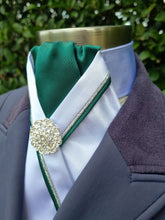 Load image into Gallery viewer, ERA RACHAEL STOCK TIE - White satin, Forest green, green & metallic silver piping & brooch