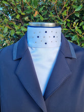 Load image into Gallery viewer, ERA Euro Katharina Pre-tied Stock Tie Plastron - Simone Pearce inspired - White Satin with navy piping & Swarovski Crystals