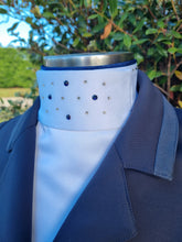 Load image into Gallery viewer, ERA Euro Katharina Pre-tied Stock Tie Plastron - Simone Pearce inspired - White Satin with navy piping & Swarovski Crystals