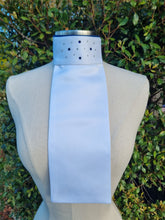 Load image into Gallery viewer, ERA Euro Katharina Pre-tied Stock Tie Plastron - Simone Pearce inspired - White Satin with navy piping & Swarovski Crystals