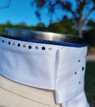 Load image into Gallery viewer, ERA Euro Katharina Pre-tied Stock Tie Plastron - Simone Pearce inspired - White Satin with navy piping & Swarovski Crystals