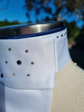 Load image into Gallery viewer, ERA Euro Katharina Pre-tied Stock Tie Plastron - Simone Pearce inspired - White Satin with navy piping & Swarovski Crystals
