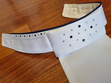 Load image into Gallery viewer, ERA Euro Katharina Pre-tied Stock Tie Plastron - Simone Pearce inspired - White Satin with navy piping & Swarovski Crystals