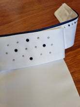 Load image into Gallery viewer, ERA Euro Katharina Pre-tied Stock Tie Plastron - Simone Pearce inspired - White Satin with navy piping & Swarovski Crystals