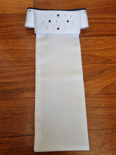 Load image into Gallery viewer, ERA Euro Katharina Pre-tied Stock Tie Plastron - Simone Pearce inspired - White Satin with navy piping & Swarovski Crystals