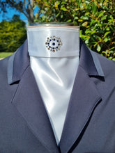 Load image into Gallery viewer, ERA Euro Katharina Pre-tied Stock Tie Plastron - White with rose gold piping & Swarovski Crystals