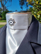 Load image into Gallery viewer, ERA Euro Katharina Pre-tied Stock Tie Plastron - White with rose gold piping & Swarovski Crystals
