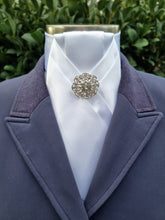 Load image into Gallery viewer, ERA ALEX Stock Tie - White satin with pleated centre & crystal brooch