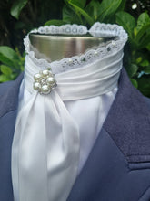 Load image into Gallery viewer, ERA EURO BELLE Stock Tie - White lustre satin with lace frill, pearls &amp; crystals and brooch
