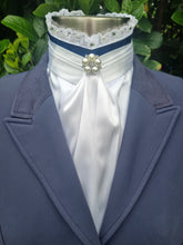 Load image into Gallery viewer, ERA EURO BELLE with PEARLS & CRYSTALS Stock Tie - White lustre satin with Navy blue trim, lace frill, pearl & crystal trim and brooch