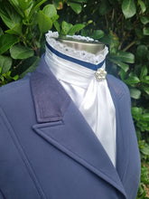Load image into Gallery viewer, ERA EURO BELLE with PEARLS & CRYSTALS Stock Tie - White lustre satin with Navy blue trim, lace frill, pearl & crystal trim and brooch