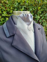 Load image into Gallery viewer, ERA Designer Collection Pre-tied Stock Tie - Silver diamond brocade with dark grey centre, silver metallic piping & silver brooch