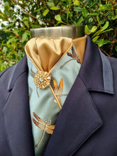 Load image into Gallery viewer, ERA Designer Collection - Pre-tied Stock Tie Plastron - Mint Oriental Brocade - Dragonflies