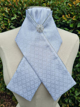 Load image into Gallery viewer, ERA Designer Collection Pre-tied Stock Tie - Silver diamond brocade, silver metallic piping & silver brooch