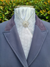 Load image into Gallery viewer, ERA Designer Collection Pre-tied Stock Tie - Silver diamond brocade, silver metallic piping & silver brooch