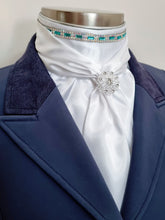 Load image into Gallery viewer, ERA Elle Stock Tie - Soft Ties with Aqua & clear crystal trim, piping and Brooch