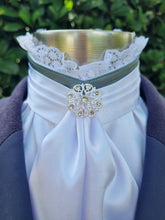 Load image into Gallery viewer, ERA EURO BELLE Stock Tie - White satin with Sage green trim, lace frill and brooch