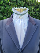 Load image into Gallery viewer, ERA EURO BELLE Stock Tie - White satin with Sage green trim, lace frill and brooch