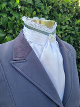 Load image into Gallery viewer, ERA EURO BELLE Stock Tie - White satin with Sage green trim, lace frill and brooch