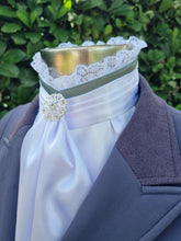 Load image into Gallery viewer, ERA EURO BELLE Stock Tie - White satin with Sage green trim, lace frill and brooch