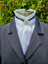 Load image into Gallery viewer, ERA EURO BELLE Stock Tie - White satin with Black trim, lace frill and brooch