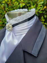 Load image into Gallery viewer, ERA EURO BELLE Stock Tie - White satin with Black trim, lace frill and brooch