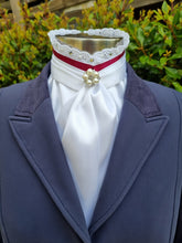 Load image into Gallery viewer, EURO BELLE STOCK TIE - White lustre satin with Burgundy ribbon & lace trim, pearls & crystals and brooch