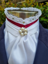 Load image into Gallery viewer, EURO BELLE STOCK TIE - White lustre satin with Burgundy ribbon & lace trim, pearls & crystals and brooch