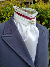 Load image into Gallery viewer, EURO BELLE STOCK TIE - White lustre satin with Burgundy ribbon & lace trim, pearls & crystals and brooch