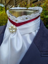 Load image into Gallery viewer, EURO BELLE STOCK TIE - White lustre satin with Burgundy ribbon & lace trim, pearls & crystals and brooch
