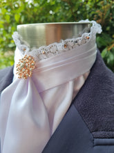 Load image into Gallery viewer, ERA EURO BELLE with PEARLS & CRYSTALS Stock Tie - White lustre satin with, lace frill, rose gold & clear crystals and rose gold brooch