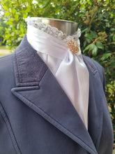 Load image into Gallery viewer, ERA EURO BELLE with PEARLS & CRYSTALS Stock Tie - White lustre satin with, lace frill, rose gold & clear crystals and rose gold brooch