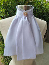 Load image into Gallery viewer, ERA EURO BELLE with PEARLS & CRYSTALS Stock Tie - White lustre satin with, lace frill, rose gold & clear crystals and rose gold brooch