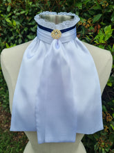 Load image into Gallery viewer, ERA EURO BELLE Stock Tie - White satin with Navy blue trim, lace frill and brooch