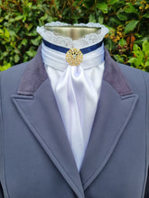 Load image into Gallery viewer, ERA EURO BELLE Stock Tie - White satin with Navy blue trim, lace frill and brooch