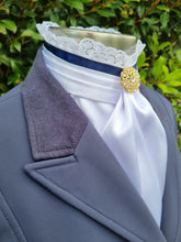 Load image into Gallery viewer, ERA EURO BELLE Stock Tie - White satin with Navy blue trim, lace frill and brooch