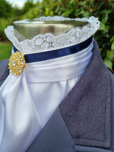 Load image into Gallery viewer, ERA EURO BELLE Stock Tie - White satin with Navy blue trim, lace frill and brooch