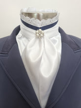 Load image into Gallery viewer, ERA EURO BELLE STOCK TIE - White lustre satin with lace frill and brooch - Coloured trim - burgundy, navy, royal blue, Black
