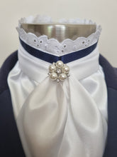Load image into Gallery viewer, ERA EURO BELLE STOCK TIE - White lustre satin with lace frill and brooch - Coloured trim - burgundy, navy, royal blue, Black