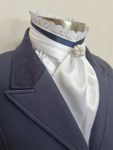 Load image into Gallery viewer, ERA EURO BELLE STOCK TIE - White lustre satin with lace frill and brooch - Coloured trim - burgundy, navy, royal blue, Black