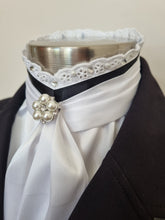 Load image into Gallery viewer, ERA EURO BELLE with PEARLS & CRYSTALS Stock Tie - White lustre satin with Black trim, lace frill, pearl & crystal trim and brooch