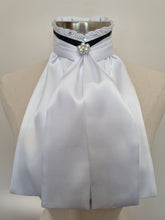 Load image into Gallery viewer, ERA EURO BELLE with PEARLS & CRYSTALS Stock Tie - White lustre satin with Black trim, lace frill, pearl & crystal trim and brooch