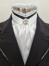 Load image into Gallery viewer, ERA EURO BELLE with PEARLS & CRYSTALS Stock Tie - White lustre satin with Black trim, lace frill, pearl & crystal trim and brooch