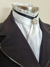 Load image into Gallery viewer, ERA EURO BELLE with PEARLS & CRYSTALS Stock Tie - White lustre satin with Black trim, lace frill, pearl & crystal trim and brooch