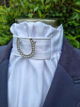 Load image into Gallery viewer, ERA EURO CHARIZE STOCKTIE - White satin with white piping & horse shoe brooch
