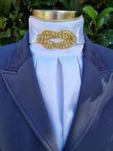 Load image into Gallery viewer, ERA Euro Eliza Stock Tie - White satin with gold crystal embellishment & crystal detail